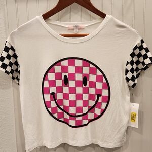 Checkered Smiley Face Girls Cropped Tee